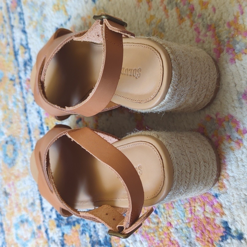 Soludos Amalfi Leather Criss Cross Espadrille Platform Heeled Sandals Nude Tan 7 - Picture 5 of 16